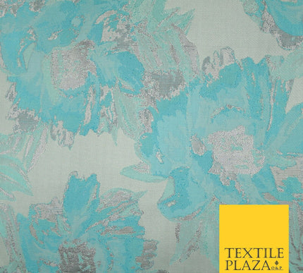 Grey Sky Blue Mint Floral Bloom Textured Brocade Jacquard Dress Fabric 7127
