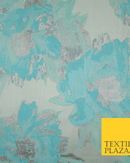 Grey Sky Blue Mint Floral Bloom Textured Brocade Jacquard Dress Fabric 7127