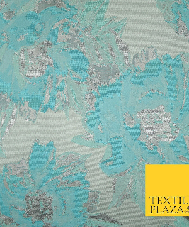 Grey Sky Blue Mint Floral Bloom Textured Brocade Jacquard Dress Fabric 7127