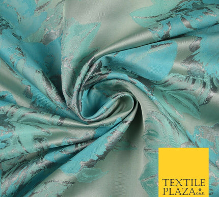 Grey Sky Blue Mint Floral Bloom Textured Brocade Jacquard Dress Fabric 7127