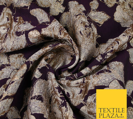 Plum Antique Gold Falling Carnation Floral Metallic Textured Brocade Fabric 7135