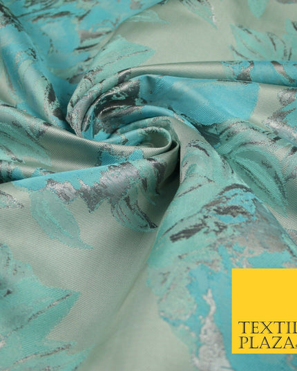 Grey Sky Blue Mint Floral Bloom Textured Brocade Jacquard Dress Fabric 7127
