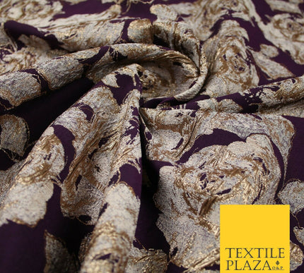 Plum Antique Gold Falling Carnation Floral Metallic Textured Brocade Fabric 7135