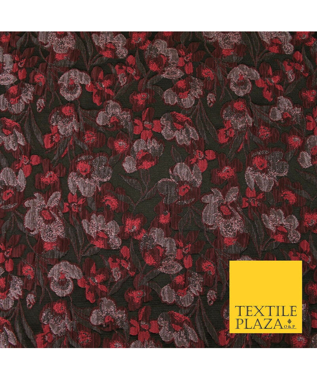 Raspberry Pink Intense Floral Vine Textured Brocade Jacquard Dress Fabric 7136