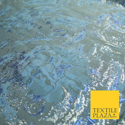 Grey Denim Blue Floral Artsy Swirl Metallic Textured Brocade Dress Fabric 7128