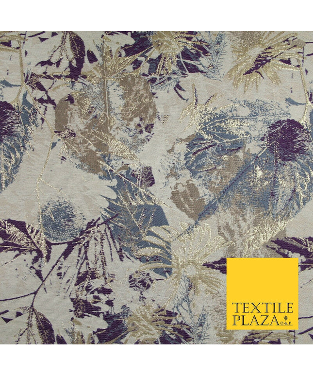 Gold Purple Grey Botanical Artsy Leaves Metallic Textured Brocade Fabric 7131