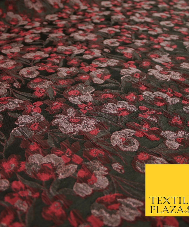 Raspberry Pink Intense Floral Vine Textured Brocade Jacquard Dress Fabric 7136