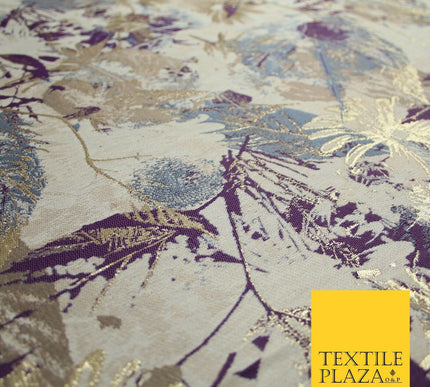 Gold Purple Grey Botanical Artsy Leaves Metallic Textured Brocade Fabric 7131