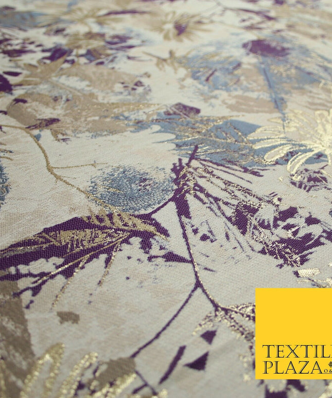 Gold Purple Grey Botanical Artsy Leaves Metallic Textured Brocade Fabric 7131