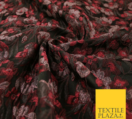 Raspberry Pink Intense Floral Vine Textured Brocade Jacquard Dress Fabric 7136