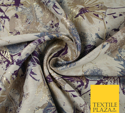 Gold Purple Grey Botanical Artsy Leaves Metallic Textured Brocade Fabric 7131