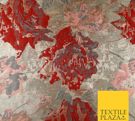 Deep Red Rose Gold Large Floral Rose Metallic Textured Brocade Fabric 7130