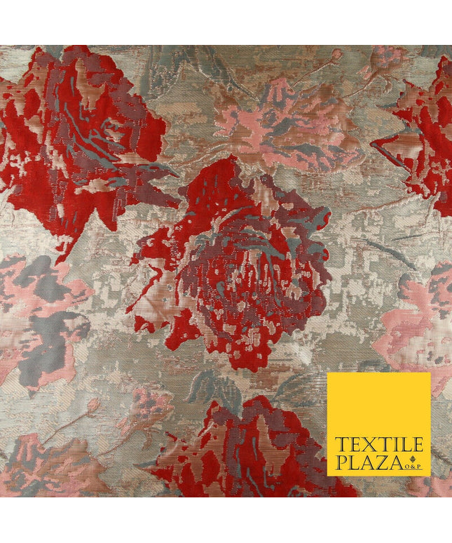 Deep Red Rose Gold Large Floral Rose Metallic Textured Brocade Fabric 7130