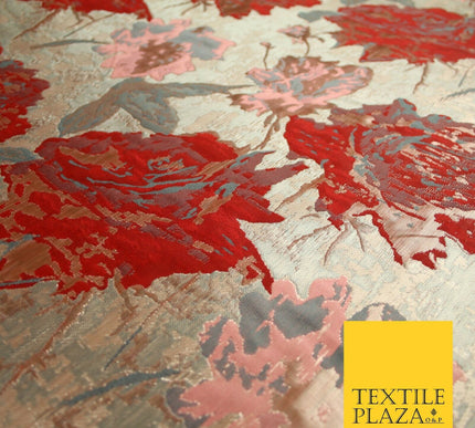 Deep Red Rose Gold Large Floral Rose Metallic Textured Brocade Fabric 7130