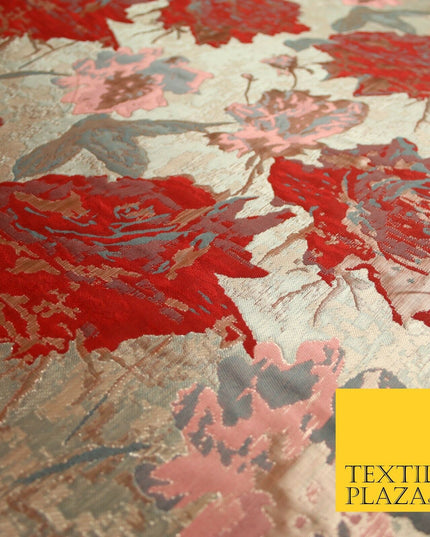 Deep Red Rose Gold Large Floral Rose Metallic Textured Brocade Fabric 7130