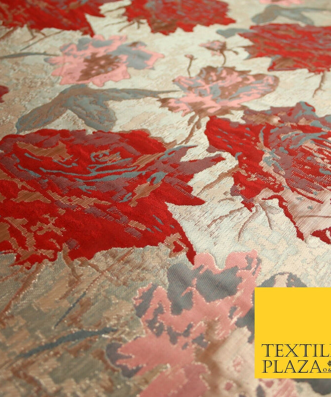 Deep Red Rose Gold Large Floral Rose Metallic Textured Brocade Fabric 7130