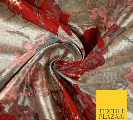 Deep Red Rose Gold Large Floral Rose Metallic Textured Brocade Fabric 7130