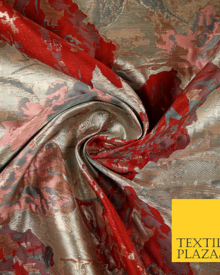 Deep Red Rose Gold Large Floral Rose Metallic Textured Brocade Fabric 7130
