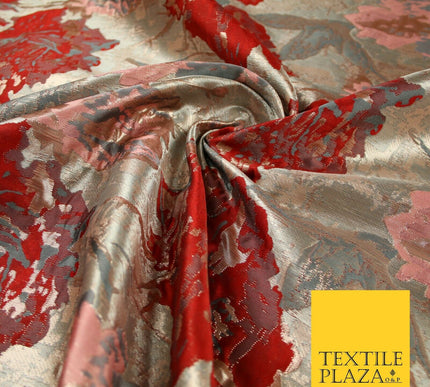Deep Red Rose Gold Large Floral Rose Metallic Textured Brocade Fabric 7130