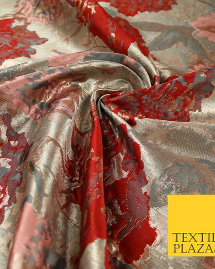 Deep Red Rose Gold Large Floral Rose Metallic Textured Brocade Fabric 7130