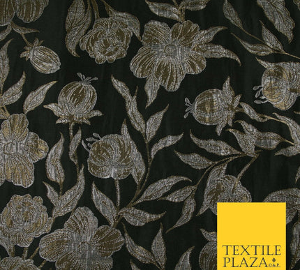 Black Antique Gold Wildflower Thistle Metallic Textured Brocade Fabric 7140