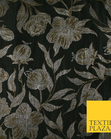 Black Antique Gold Wildflower Thistle Metallic Textured Brocade Fabric 7140