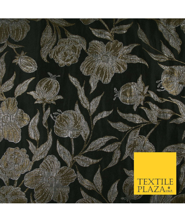 Black Antique Gold Wildflower Thistle Metallic Textured Brocade Fabric 7140