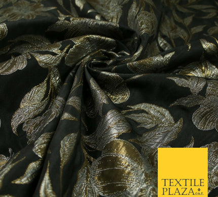 Black Antique Gold Wildflower Thistle Metallic Textured Brocade Fabric 7140