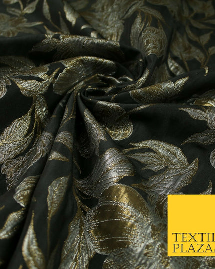 Black Antique Gold Wildflower Thistle Metallic Textured Brocade Fabric 7140