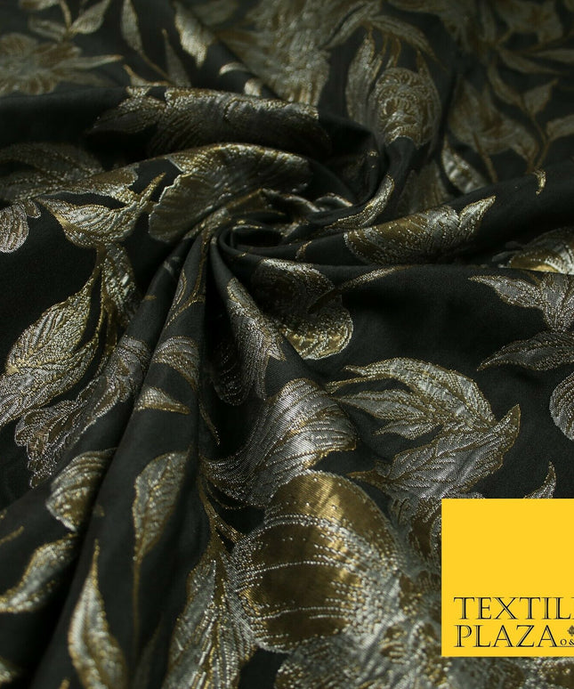 Black Antique Gold Wildflower Thistle Metallic Textured Brocade Fabric 7140