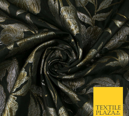 Black Antique Gold Wildflower Thistle Metallic Textured Brocade Fabric 7140