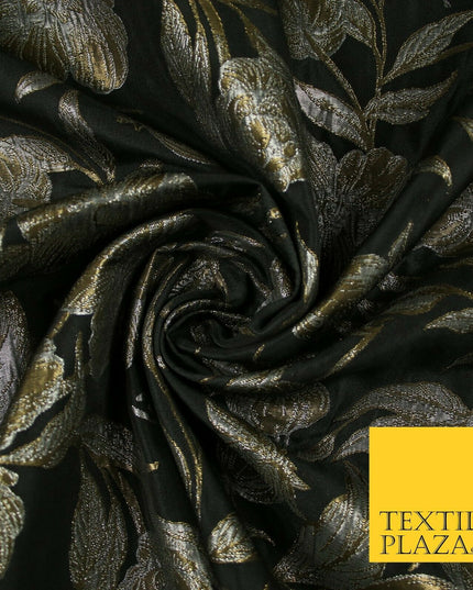 Black Antique Gold Wildflower Thistle Metallic Textured Brocade Fabric 7140