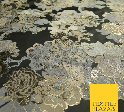 Black Champagne Grey Floral Cluster Bouquet Textured Brocade Fabric 7133