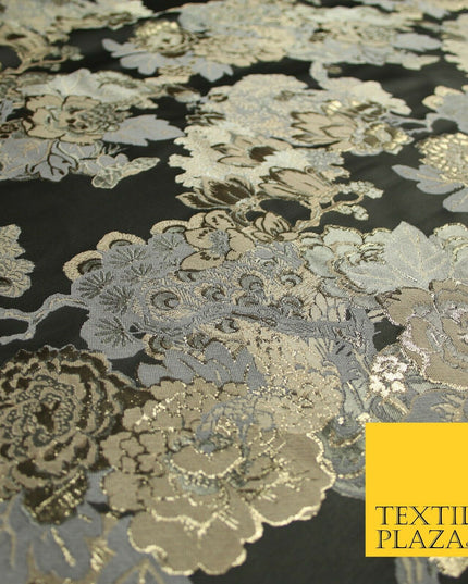 Black Champagne Grey Floral Cluster Bouquet Textured Brocade Fabric 7133