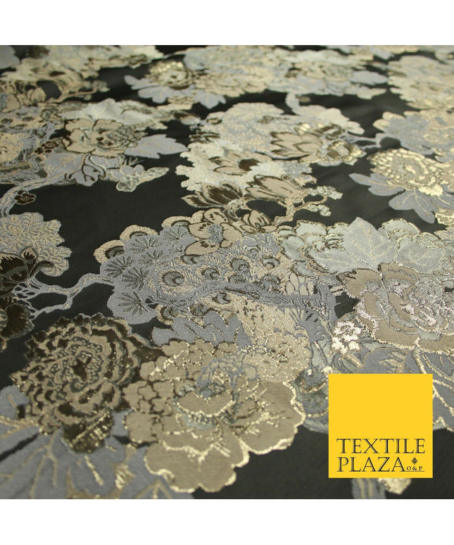 Black Champagne Grey Floral Cluster Bouquet Textured Brocade Fabric 7133