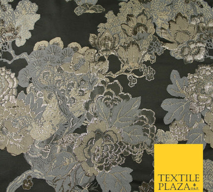 Black Champagne Grey Floral Cluster Bouquet Textured Brocade Fabric 7133