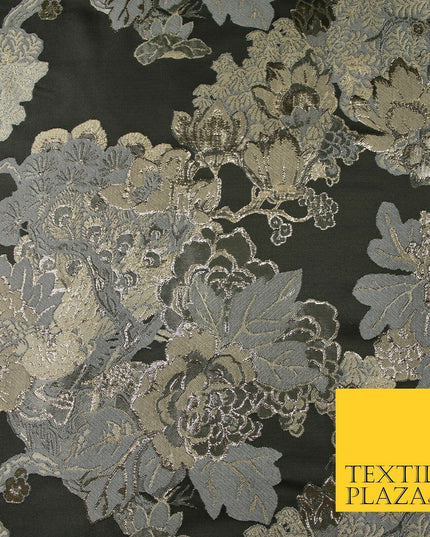 Black Champagne Grey Floral Cluster Bouquet Textured Brocade Fabric 7133