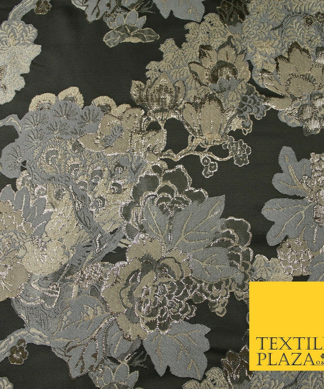 Black Champagne Grey Floral Cluster Bouquet Textured Brocade Fabric 7133