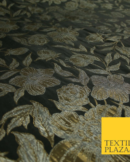 Black Antique Gold Wildflower Thistle Metallic Textured Brocade Fabric 7140