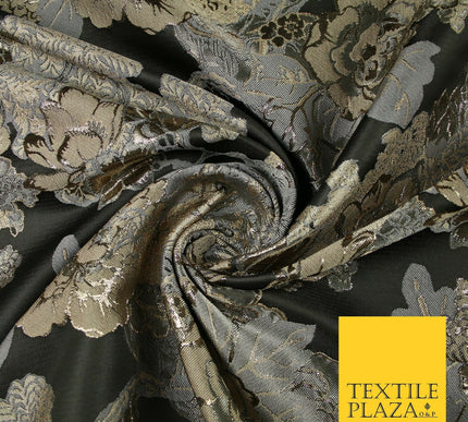 Black Champagne Grey Floral Cluster Bouquet Textured Brocade Fabric 7133