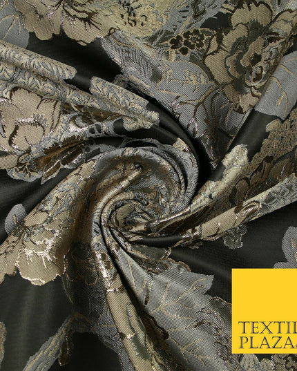 Black Champagne Grey Floral Cluster Bouquet Textured Brocade Fabric 7133