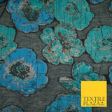 Black Turquoise Oversized Creased Floral Textured Sheer Jacquard Fabric 7124