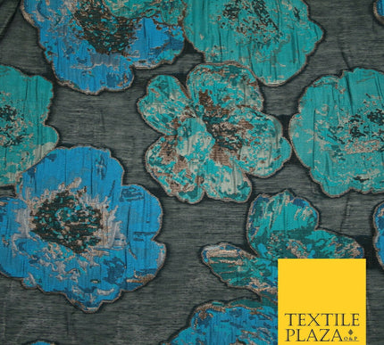 Black Turquoise Oversized Creased Floral Textured Sheer Jacquard Fabric 7124
