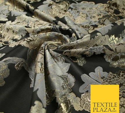 Black Champagne Grey Floral Cluster Bouquet Textured Brocade Fabric 7133