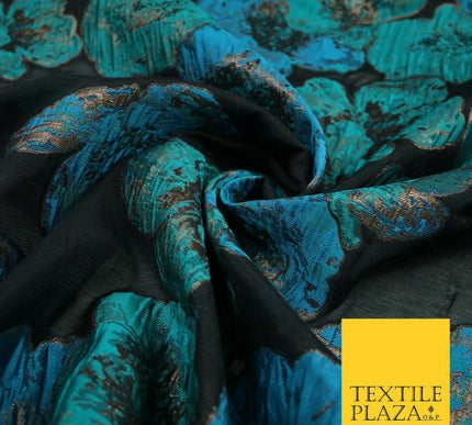 Black Turquoise Oversized Creased Floral Textured Sheer Jacquard Fabric 7124