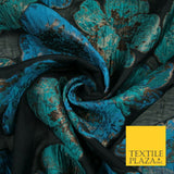 Black Turquoise Oversized Creased Floral Textured Sheer Jacquard Fabric 7124