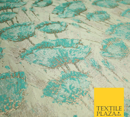 Aqua Champagne Gold Blooming Pansy Floral Metallic Textured Brocade Fabric 7123