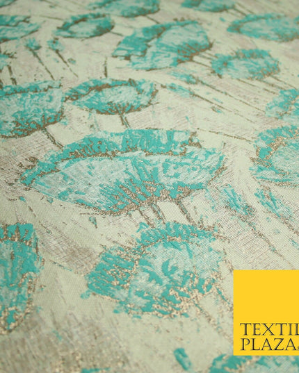 Aqua Champagne Gold Blooming Pansy Floral Metallic Textured Brocade Fabric 7123