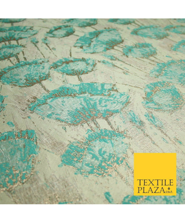 Aqua Champagne Gold Blooming Pansy Floral Metallic Textured Brocade Fabric 7123