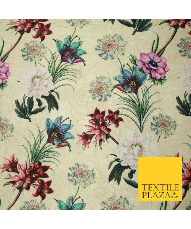Cream Gold Floral Gardenia Digital Printed Corded Textured Brocade Fabric 7122